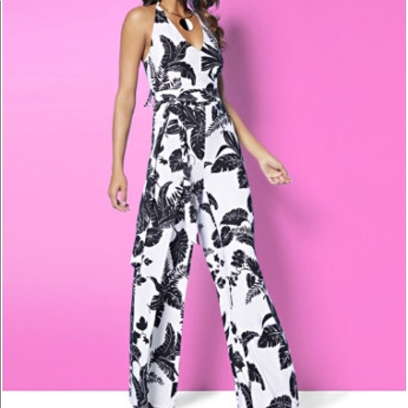 New York & Company Pants - Halter Jumpsuit Palm Leaf Print
